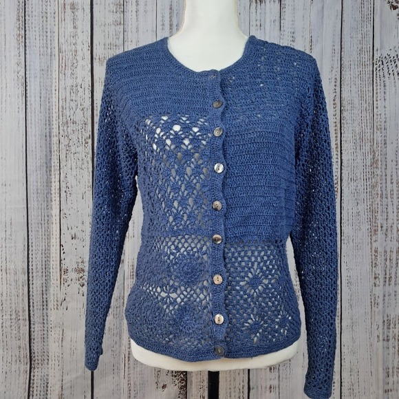 Vintage TIARA INTERNATIONAL M Blue Crochet Cardigan Open Weave Coastal Grandma - Picture 1 of 6